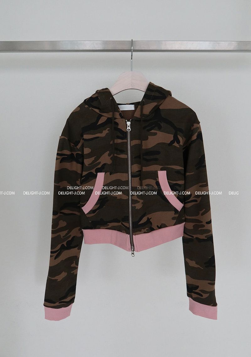 Pink color camouflage hooded zip-up