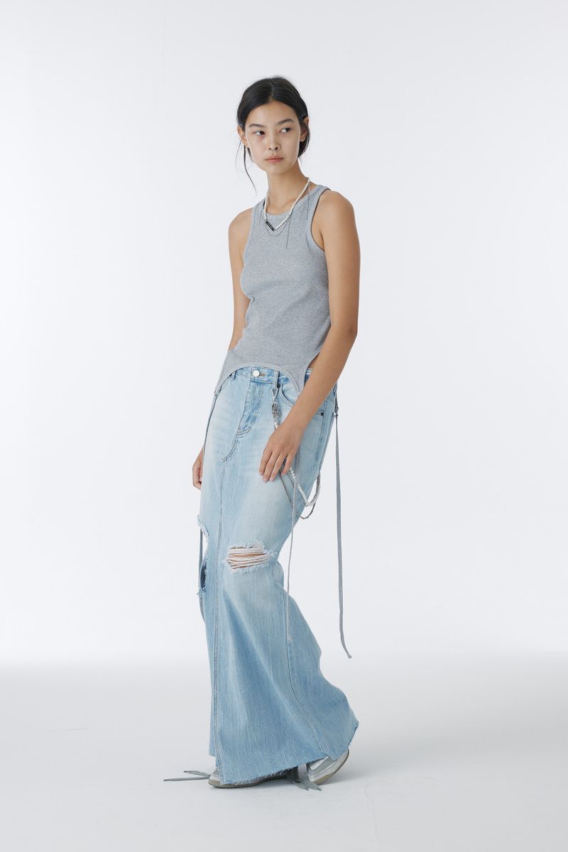 DAMAGED LONG DENIM SKIRT (BLUE)