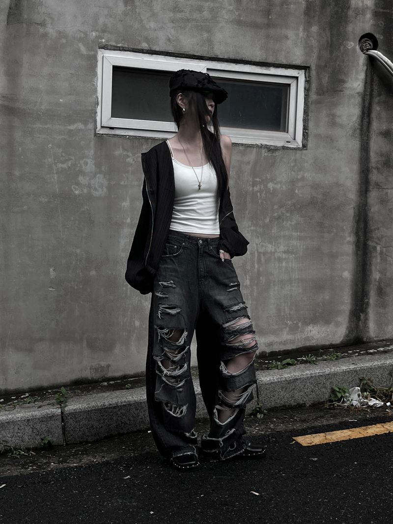 black destroyed wide denim
