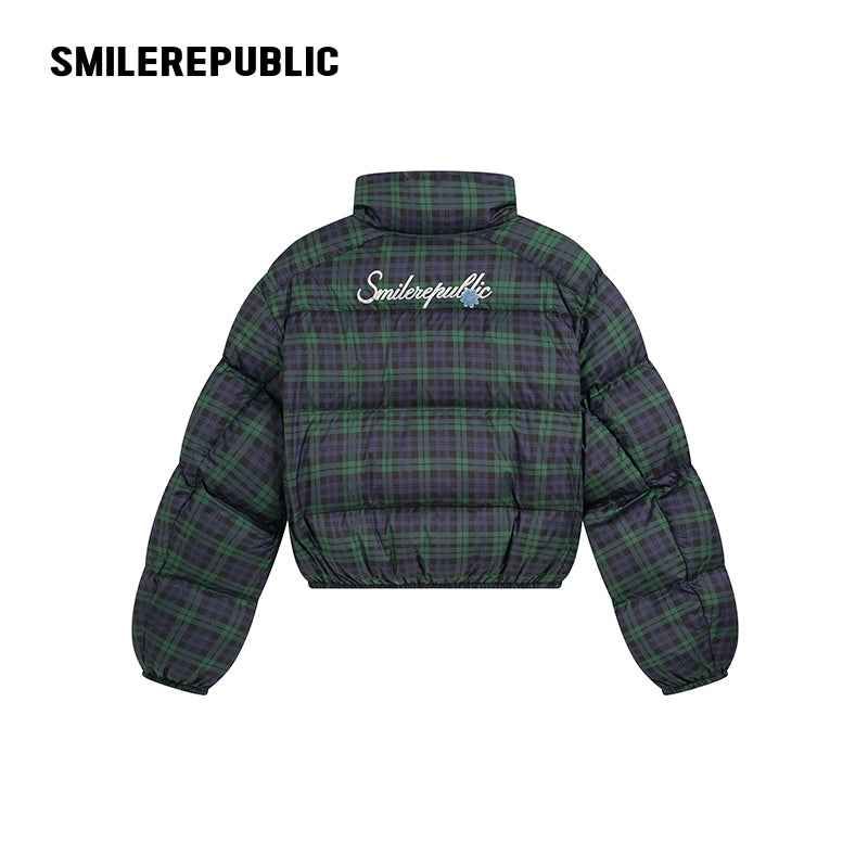 Dark Navy Plaid Polyester 90% White Duck Down Cropped Full Zip Puffer Jacket with Stand Collar