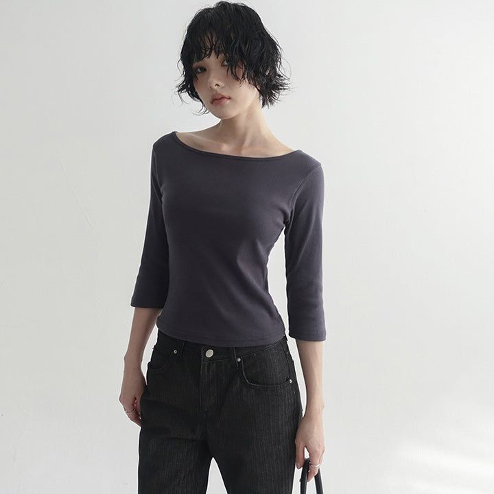 [Riabu] boat Neck Three-quarter sleeve cropped T-shirt - 4 color