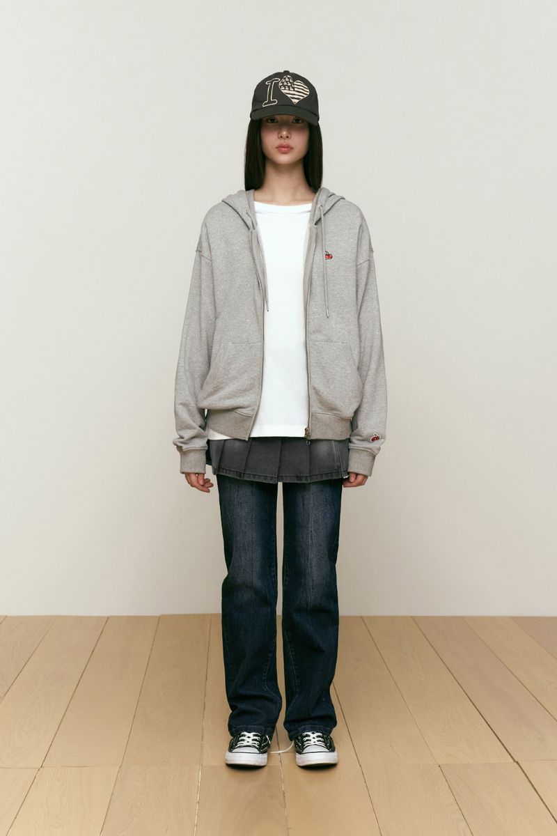 SMALL CHERRY REGULAR FIT HOODIE ZIP UP [MELANGE GRAY]