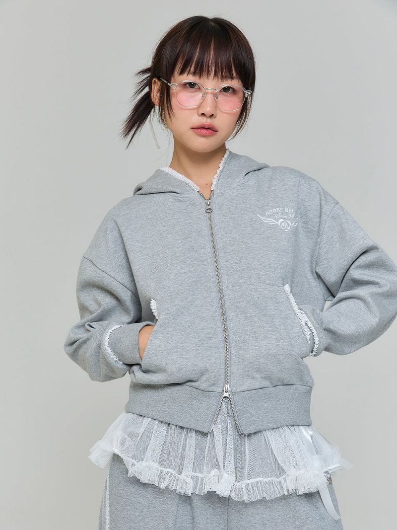 LACE APPLIQUE HOOD ZIP-UP - GRAY