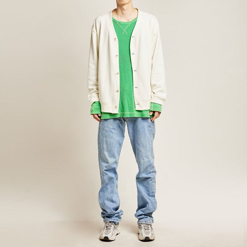 DAMP V-NECK WAFFLE CARDIGAN_IVORY