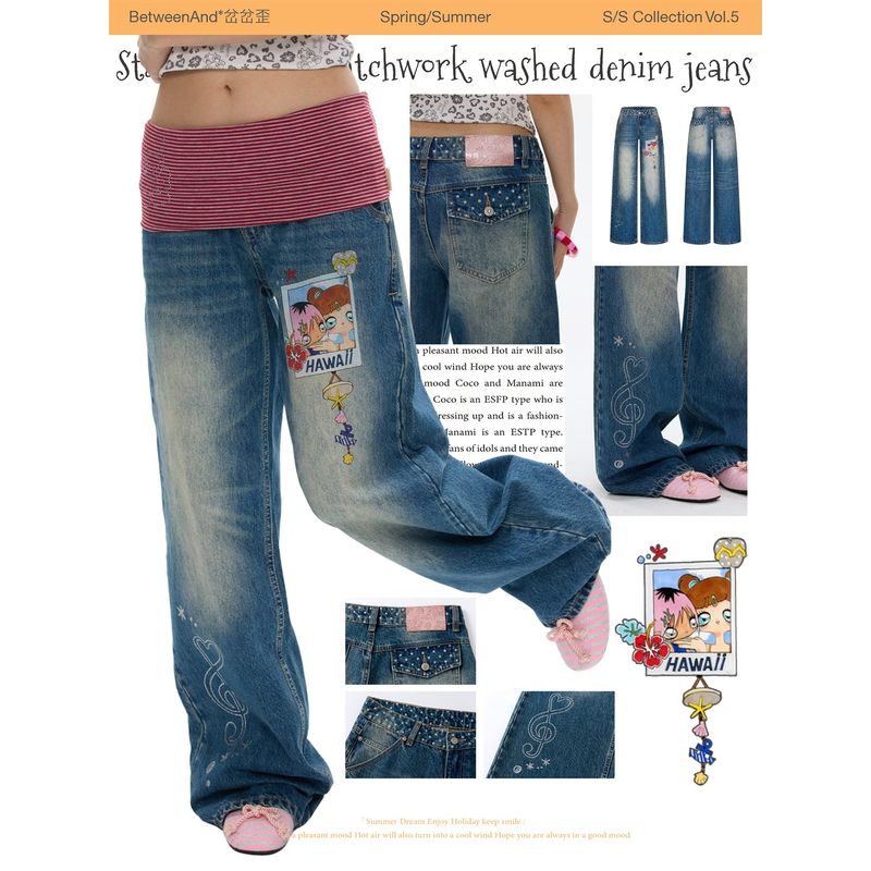 BETWEENAND Summer Star Polka Dot Patchwork Retro Slim-Fit Washed Blue Jeans