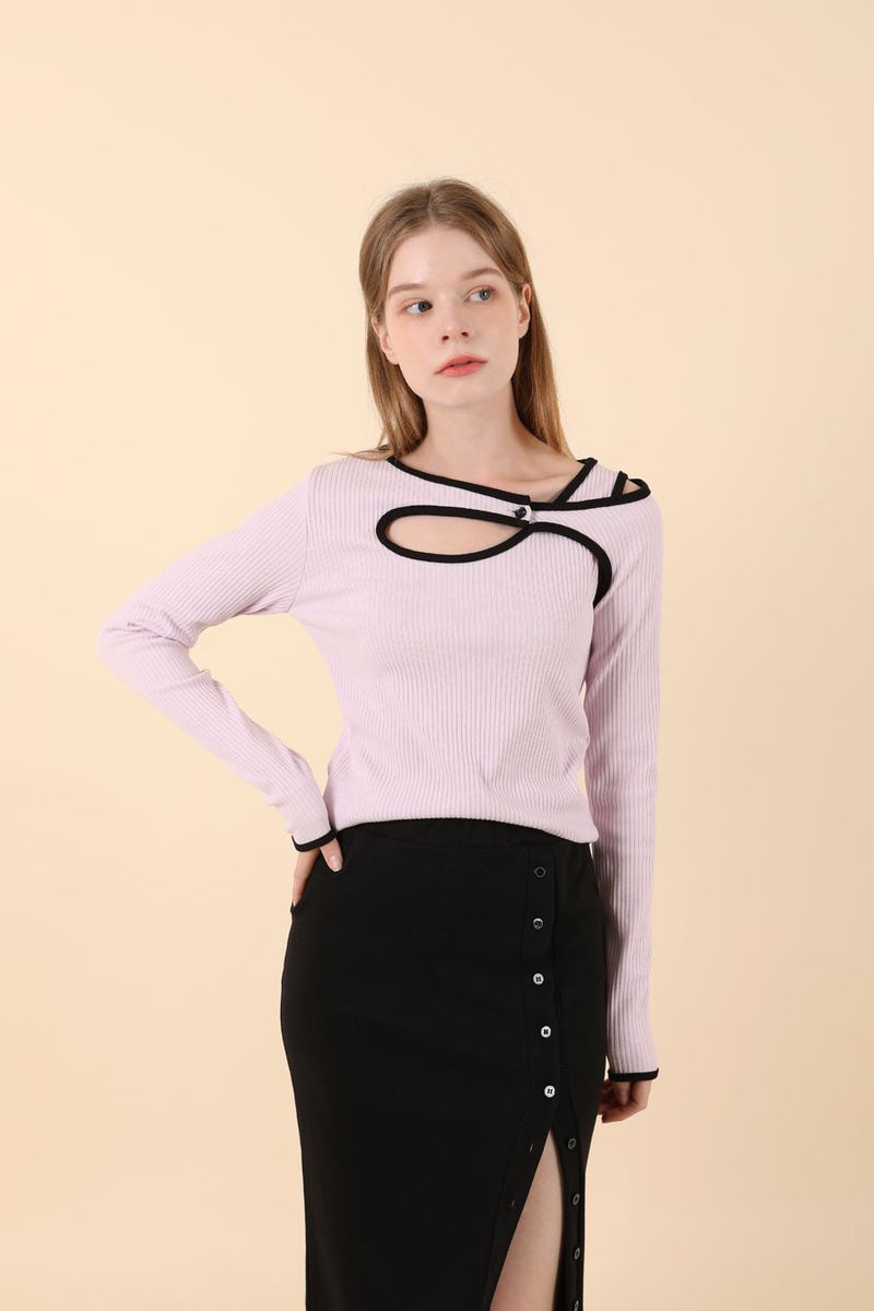 Line Contrast Slim T-shirt Purple