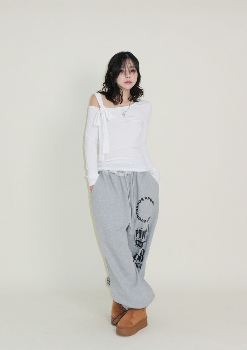 (Napping T-shirt) Euren One Shoulder Ribbon Tie Long-Sleeved Warmer T-Shirt
