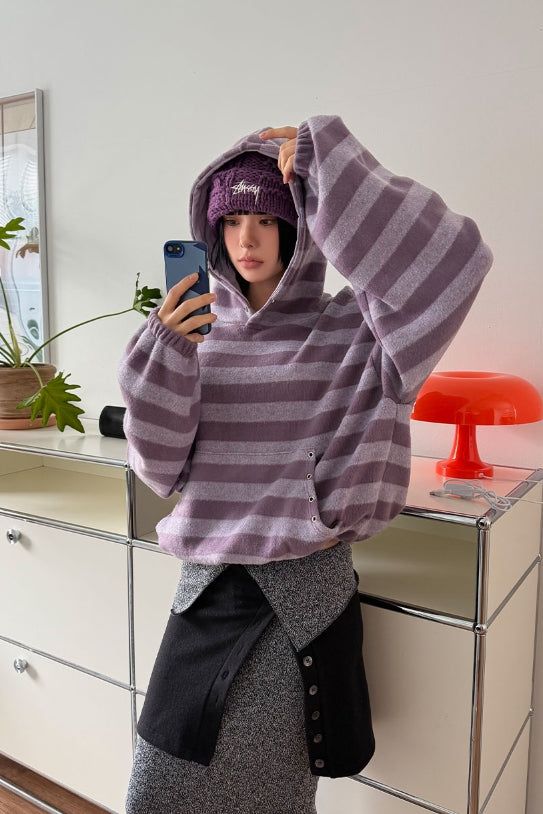 EYELET STRIPE FLEECE HOODIE