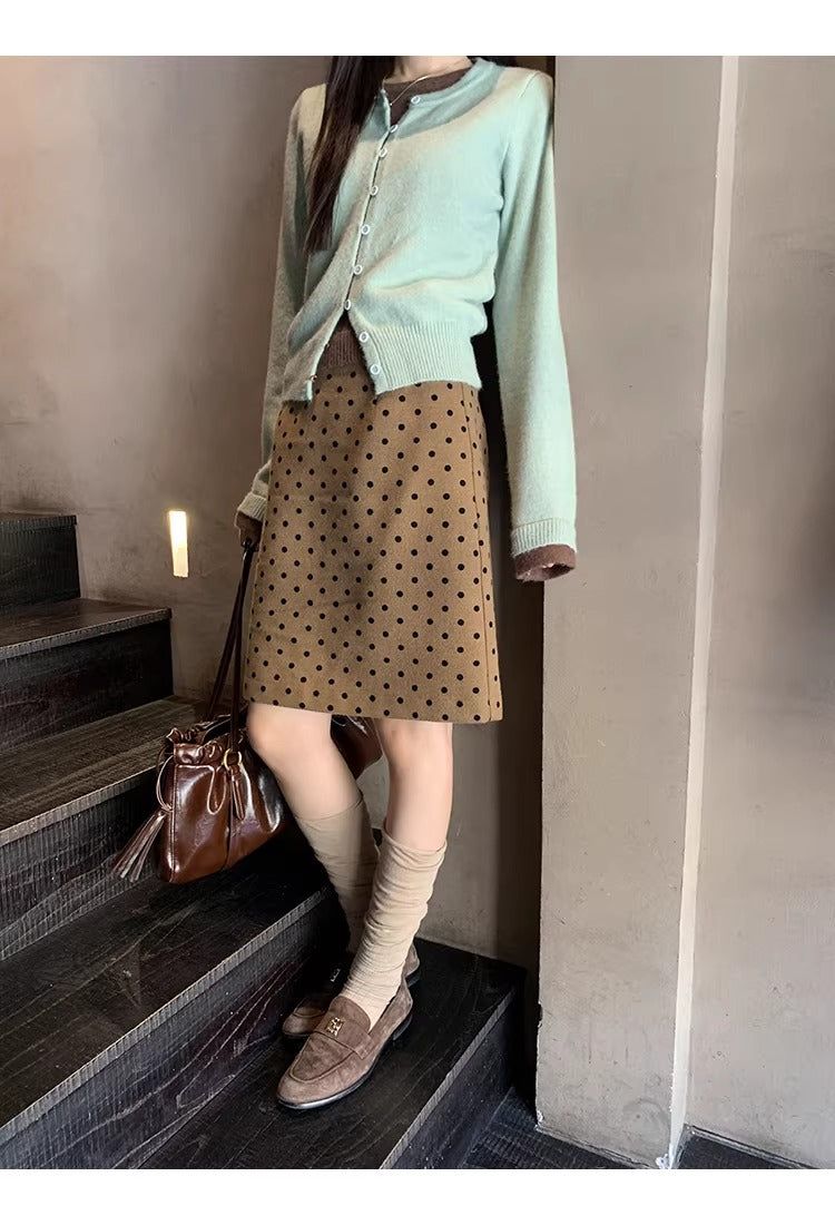camel brown wool dot midi skirt
