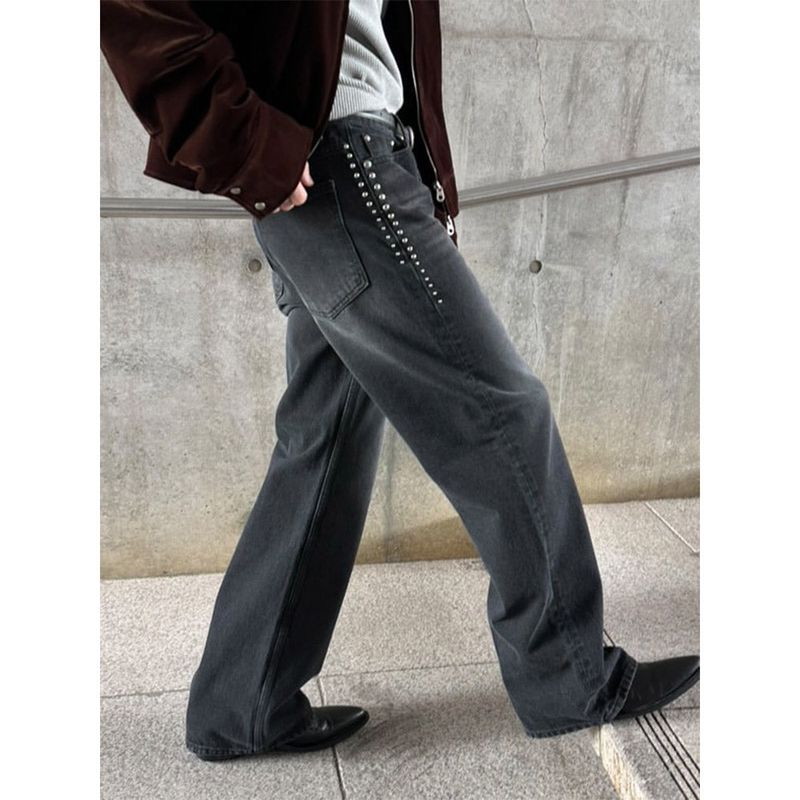 [Unisex] stud semi wide denim pants(2color)