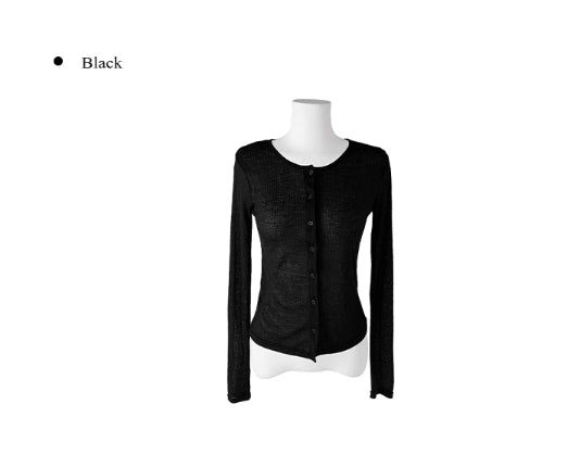 Boa See-Through Button Ribbed Long Sleeve Cardigan