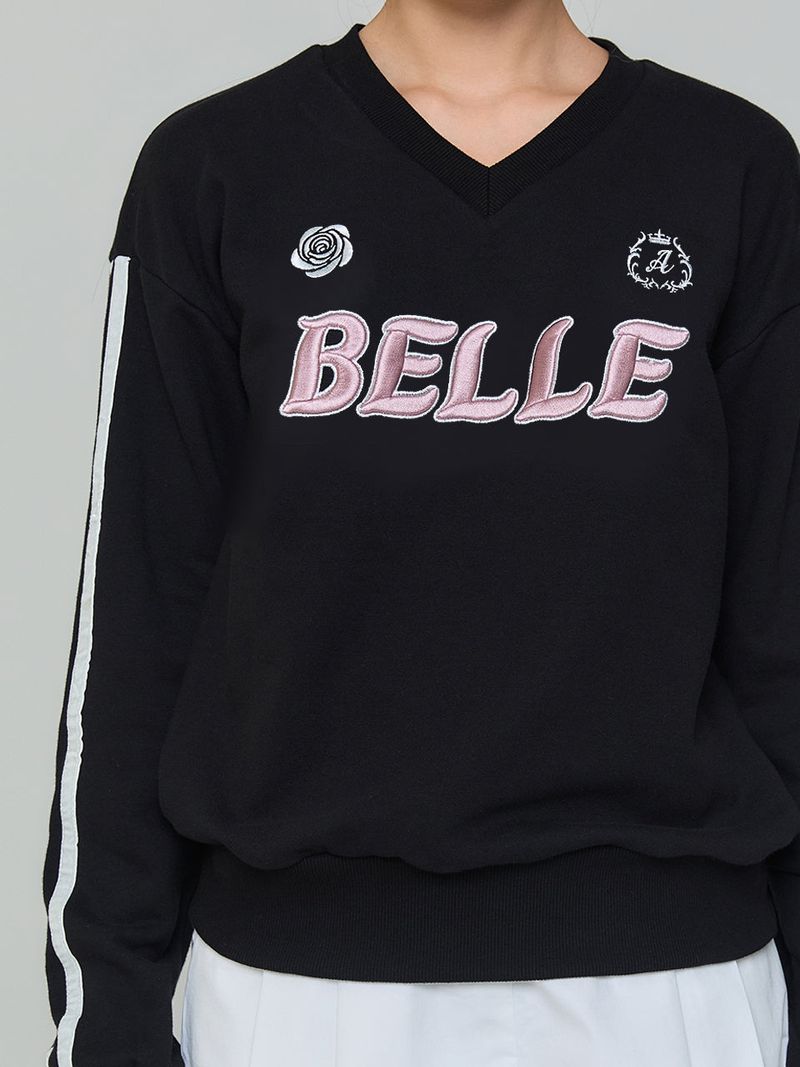 BELLE EMBROIDERED V-NECK SWEATSHIRT - BALCK