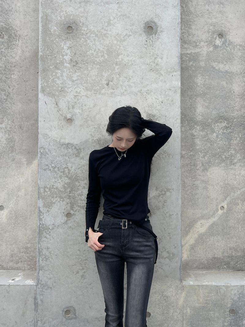 Eyelet buckle bottom hem strap long sleeve tee (3 colors)