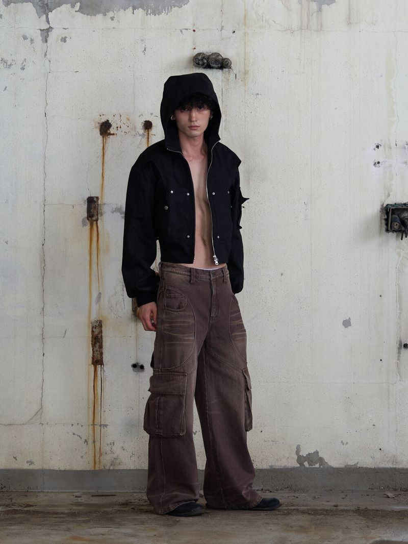 Circle Washing Denim Cargo Pants (Brown)