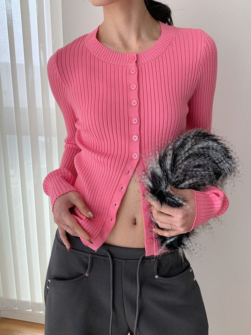 Color Round Neck Ribbed Button Cardigan