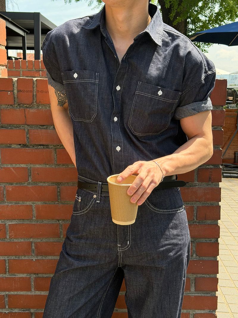 [SET UP가능] Basic pocket denim half shirts(3color)