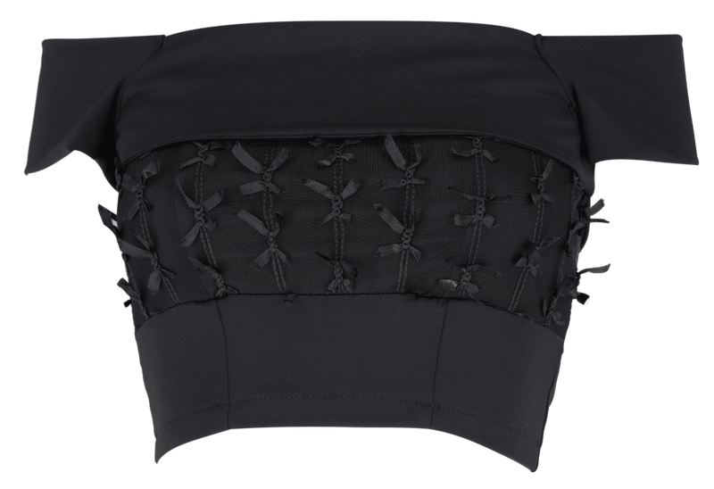  [Seow] Flap mesh ribbon top, black