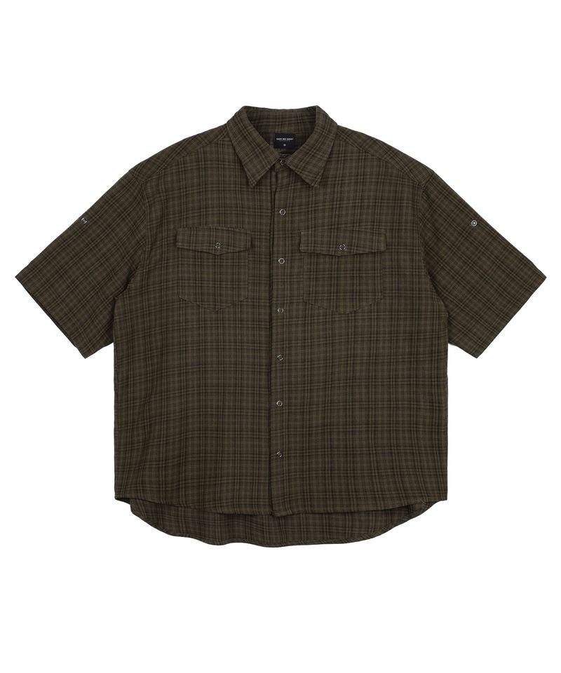 Texture Crop Roll-Up Check Short Sleeve Shirt - Brown