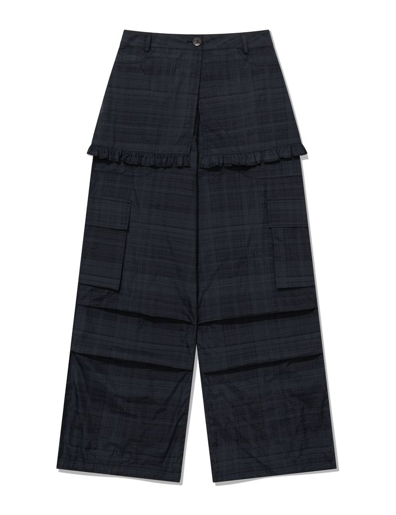 RUFFLE CHECKERED SKIRT CARGO PANTS(BLACK)