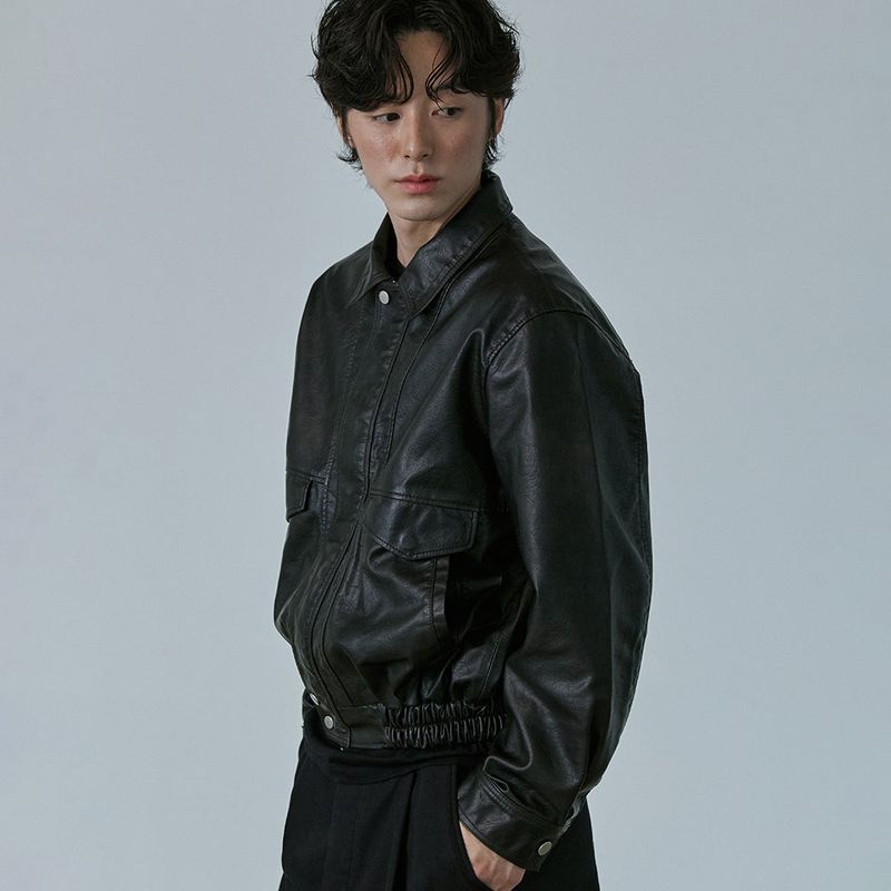 Washed Faux Leather Blouson (Dark Brown)