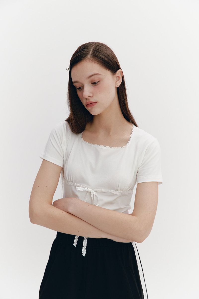 Lace Ribbon Shirring Top Ivory
