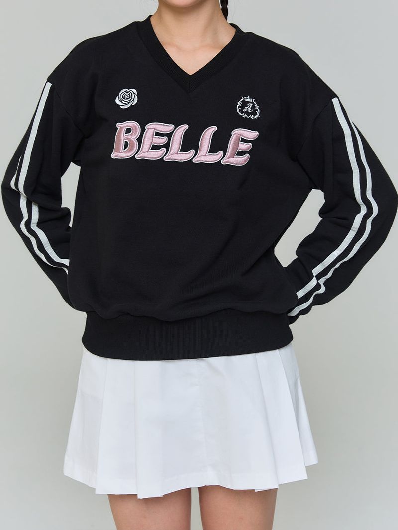 BELLE EMBROIDERED V-NECK SWEATSHIRT - BALCK