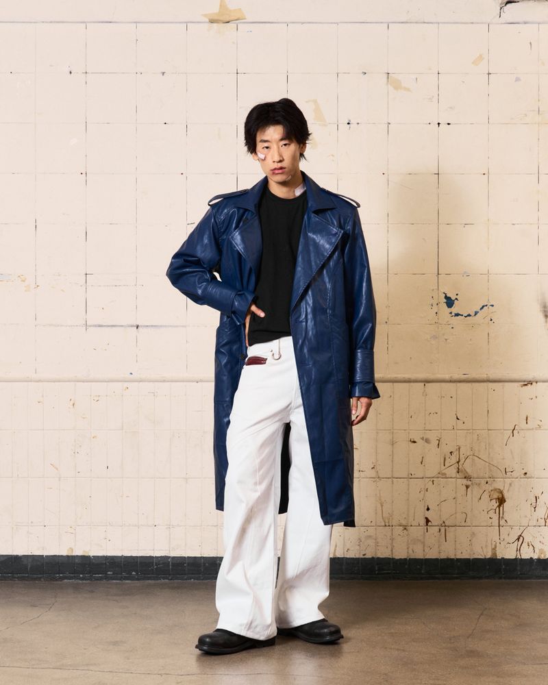Curved Leather Trench coat (Blue)