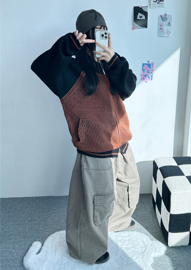 COLOR-BLOCK RAGLAN 2-WAY ZIP-UP🤎🖤🩶🤍 - 3 COLORS