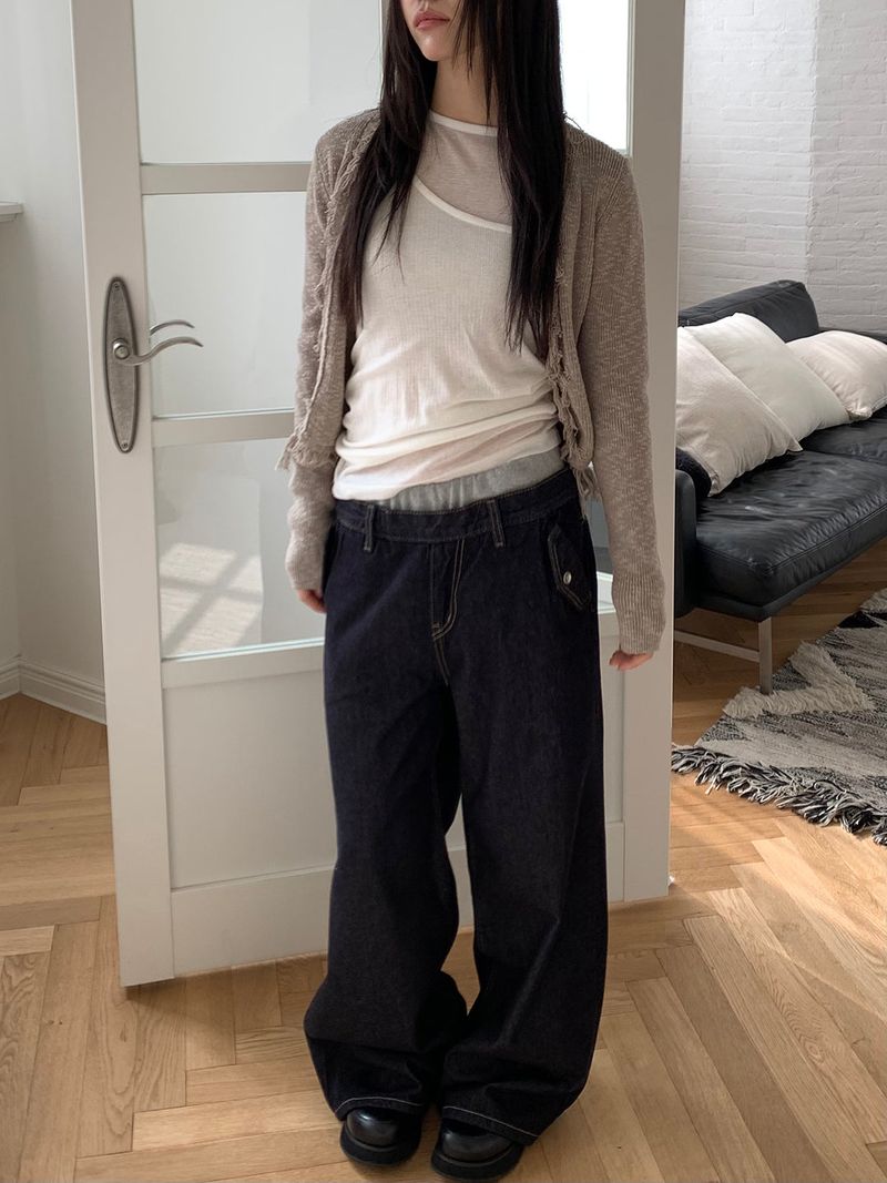 Layered banding denim pants