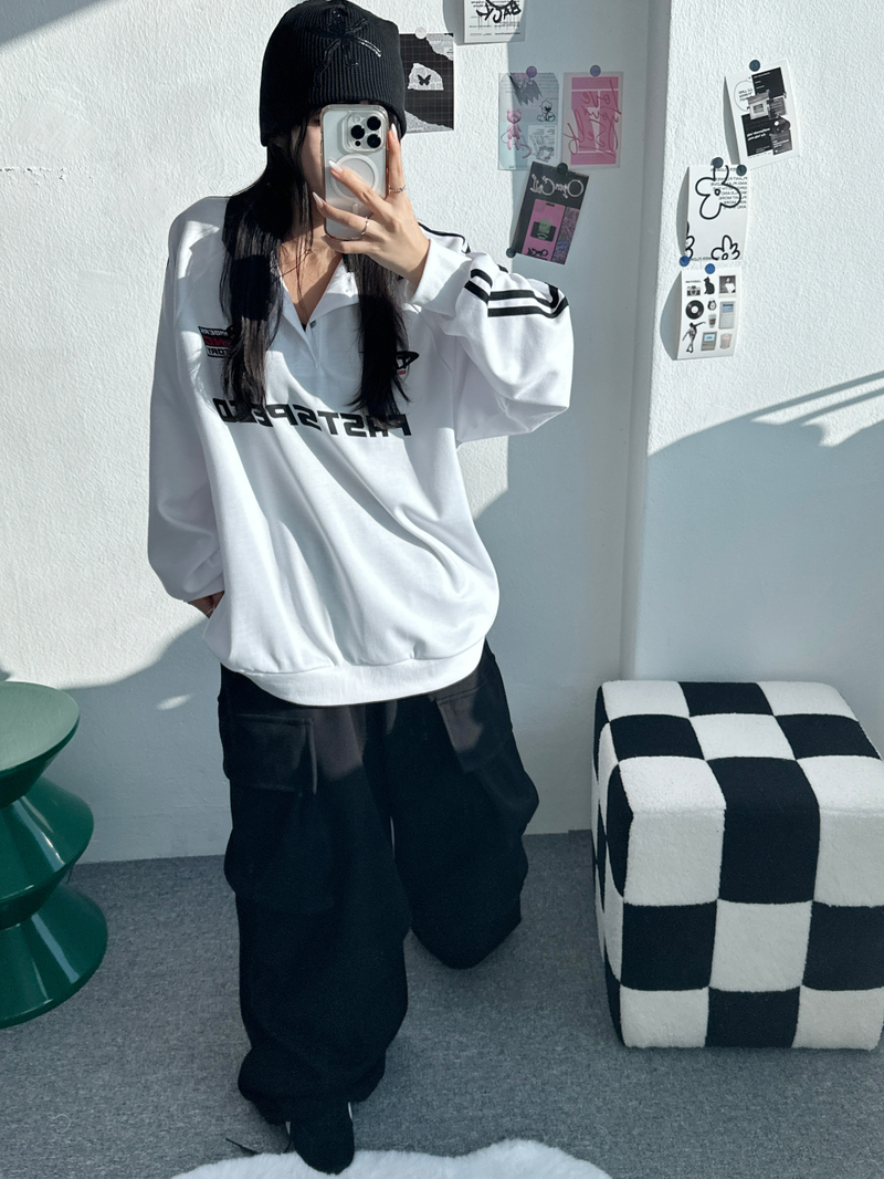RAGLAN THREE-STRIPE COLLAR SWEATSHIRT🖤🩶🤍 - 3 COLORS