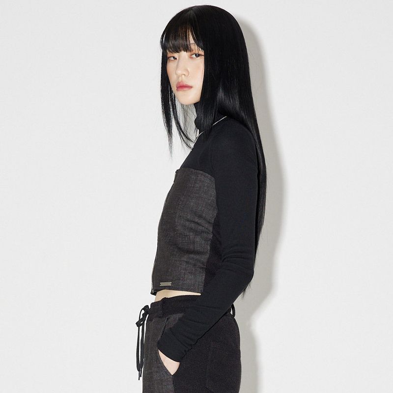 デニムニットブロックチューブトップ / Denim Knit Blocking Top [BLACK]