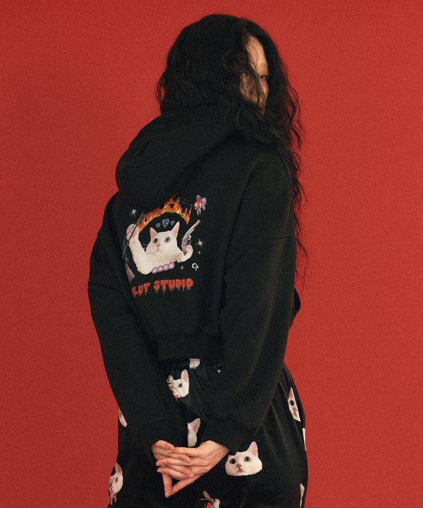 0 4 cat crop hood zip-up - BLACK