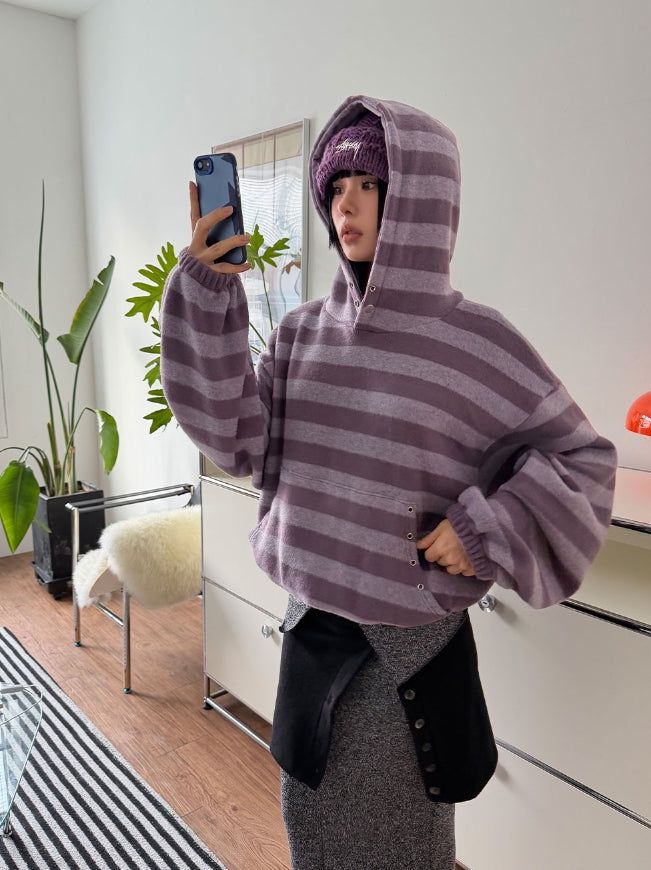 EYELET STRIPE FLEECE HOODIE