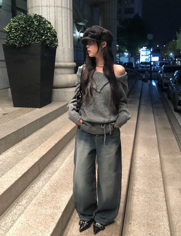 Hins Brushed Washing Denim Wide Pants