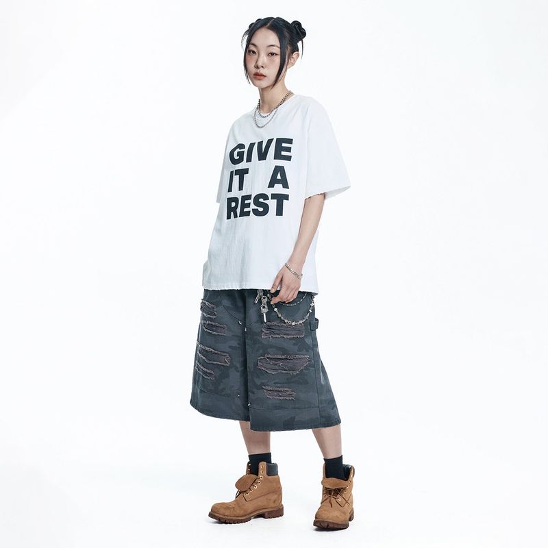 Destroyed Camo Carpenter Bermuda Pants - CHARCOAL