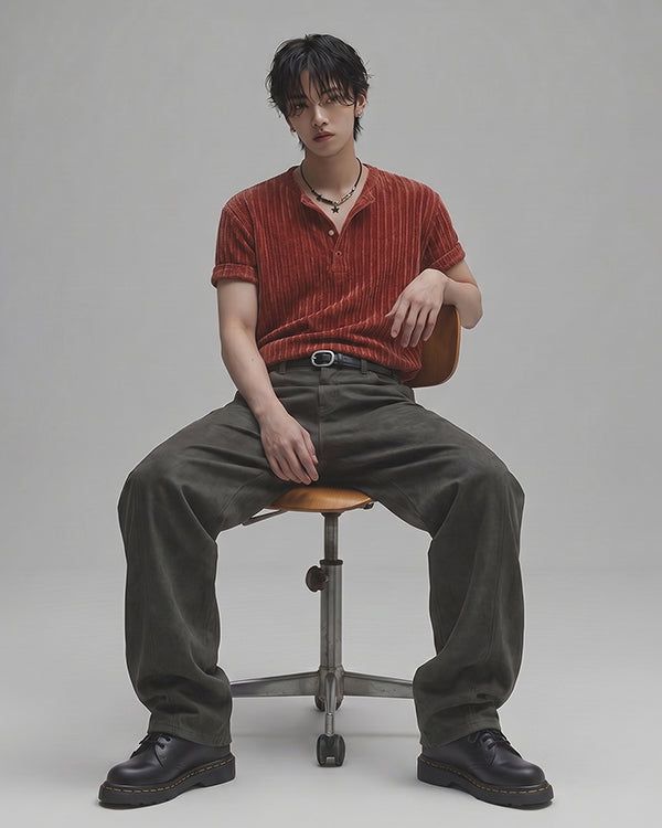 (M's) Ribbed Velour Henley Neck Tee 26SS-011