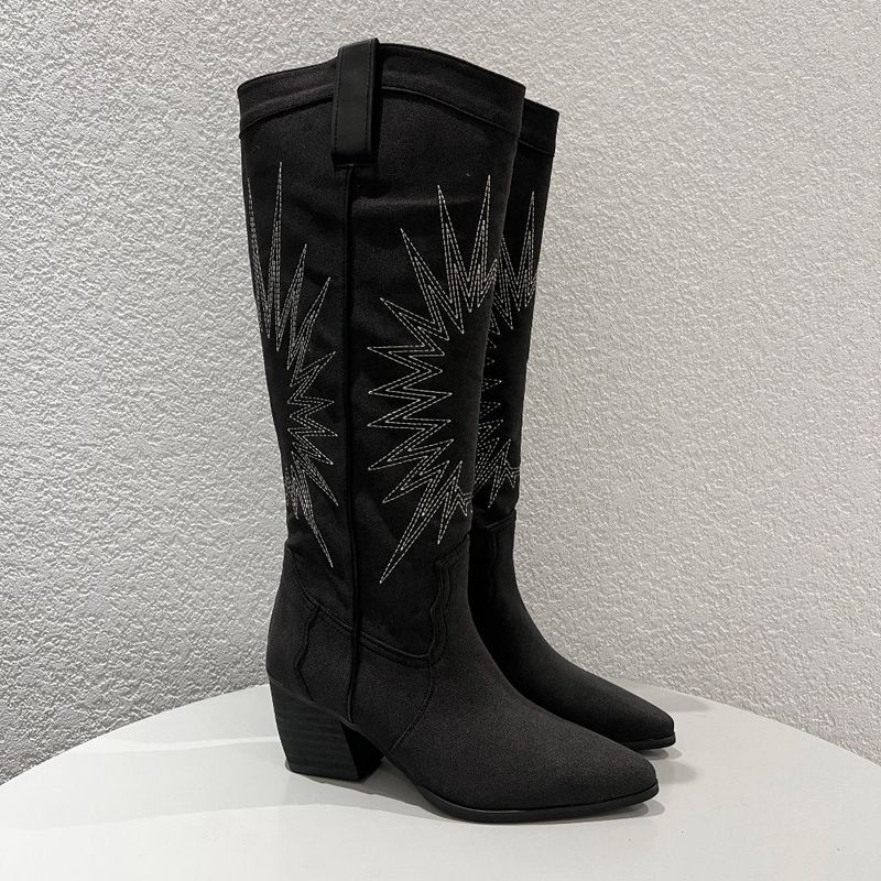 Suede western stitch long boots (2 Color)