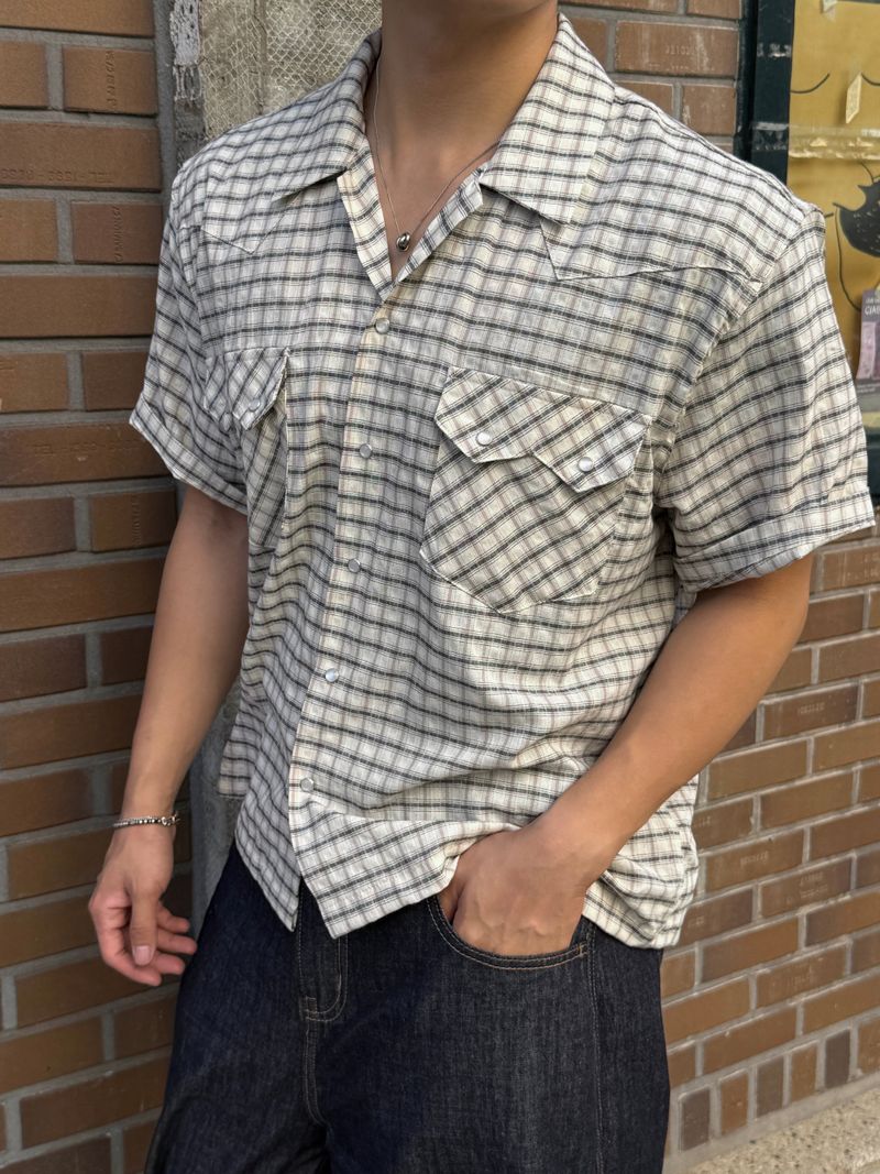 Western open collar checkered short-sleeved shirt