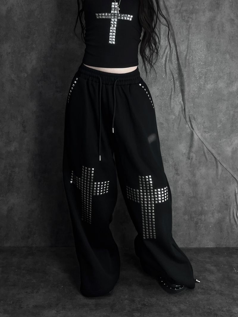 metal stud cross wide pants