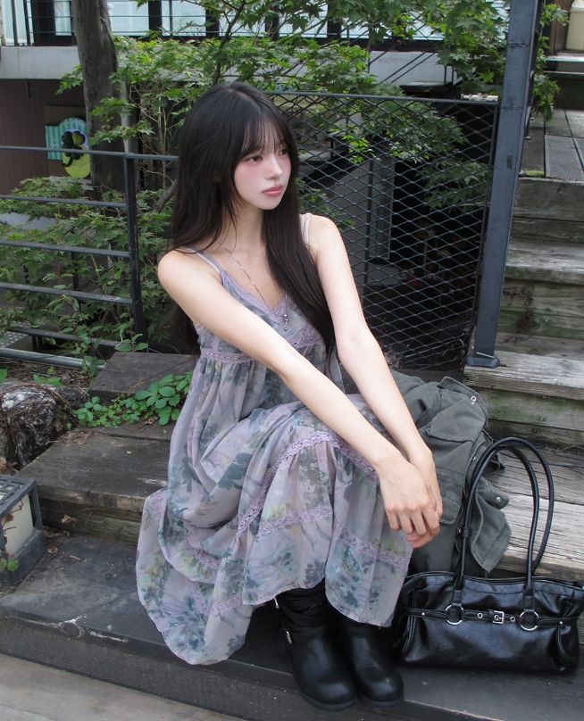 Misty Mauve Flower Chiffon Long One Piece