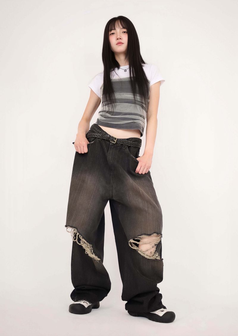 (UNISEX)Torn Twilight black Denim