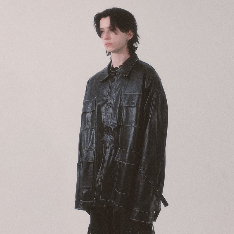 glossy strap shirt_black