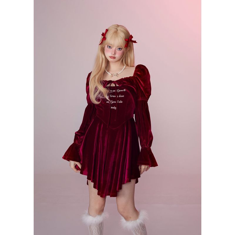 [Girly Fancy Club] Retro red velvet two-piece princess dress