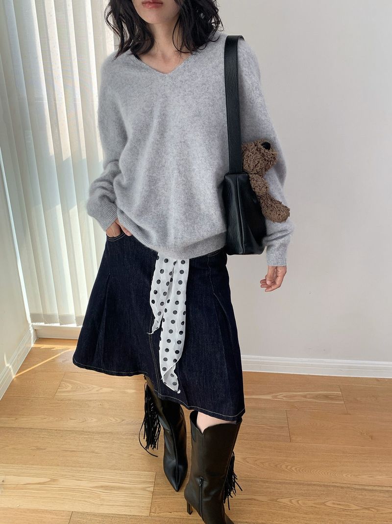Dark blue raw cotton flared pleats midi skirt