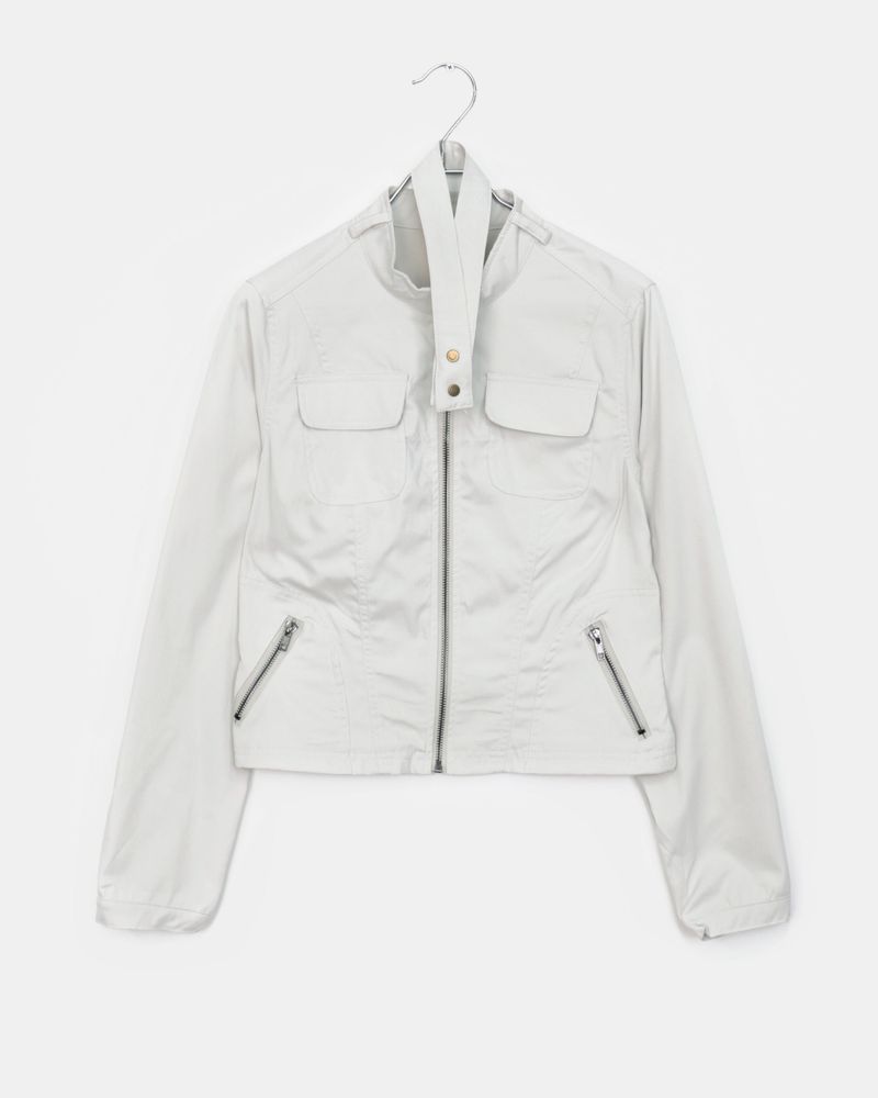 Muhee No Collar Neck Strap Two-Burton Two-Pocket Crop Jacket
