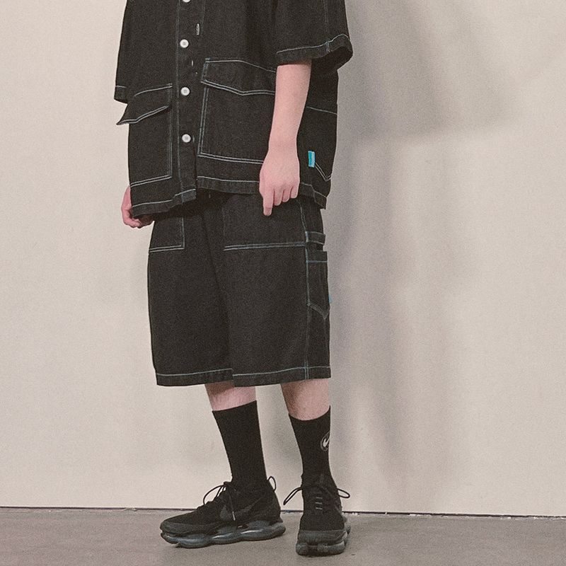 denim stitch shorts_black