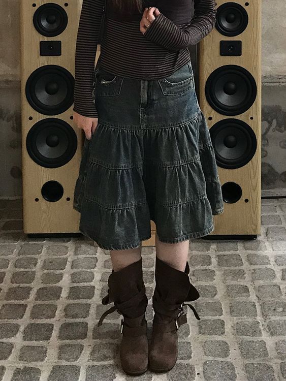 sear denim tiered skirt