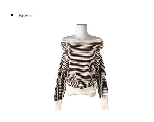 Boudin Stripe Loose Off-Shoulder Button Knit