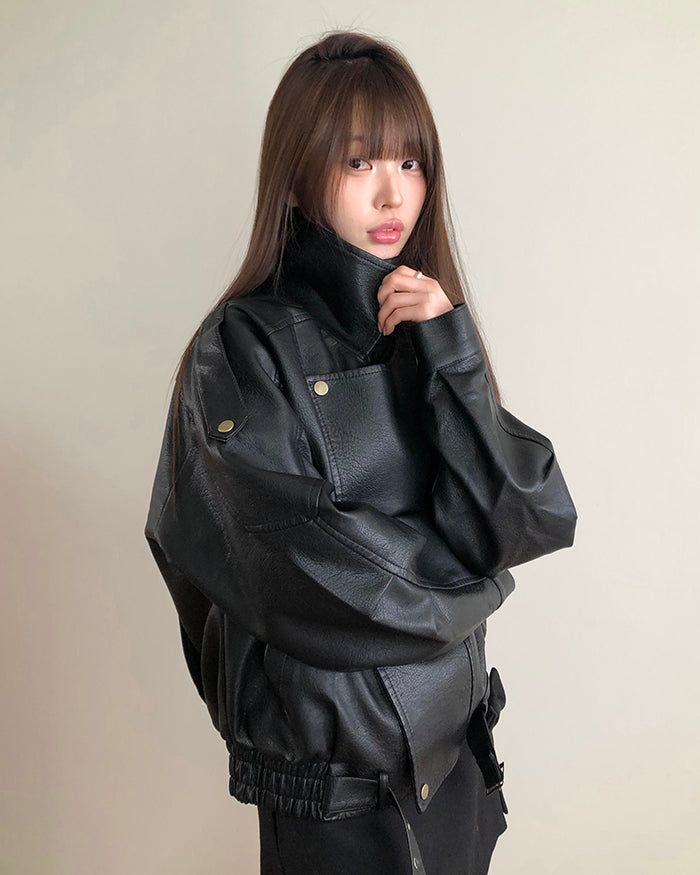 Noem Collar Oversized Leather Jacket