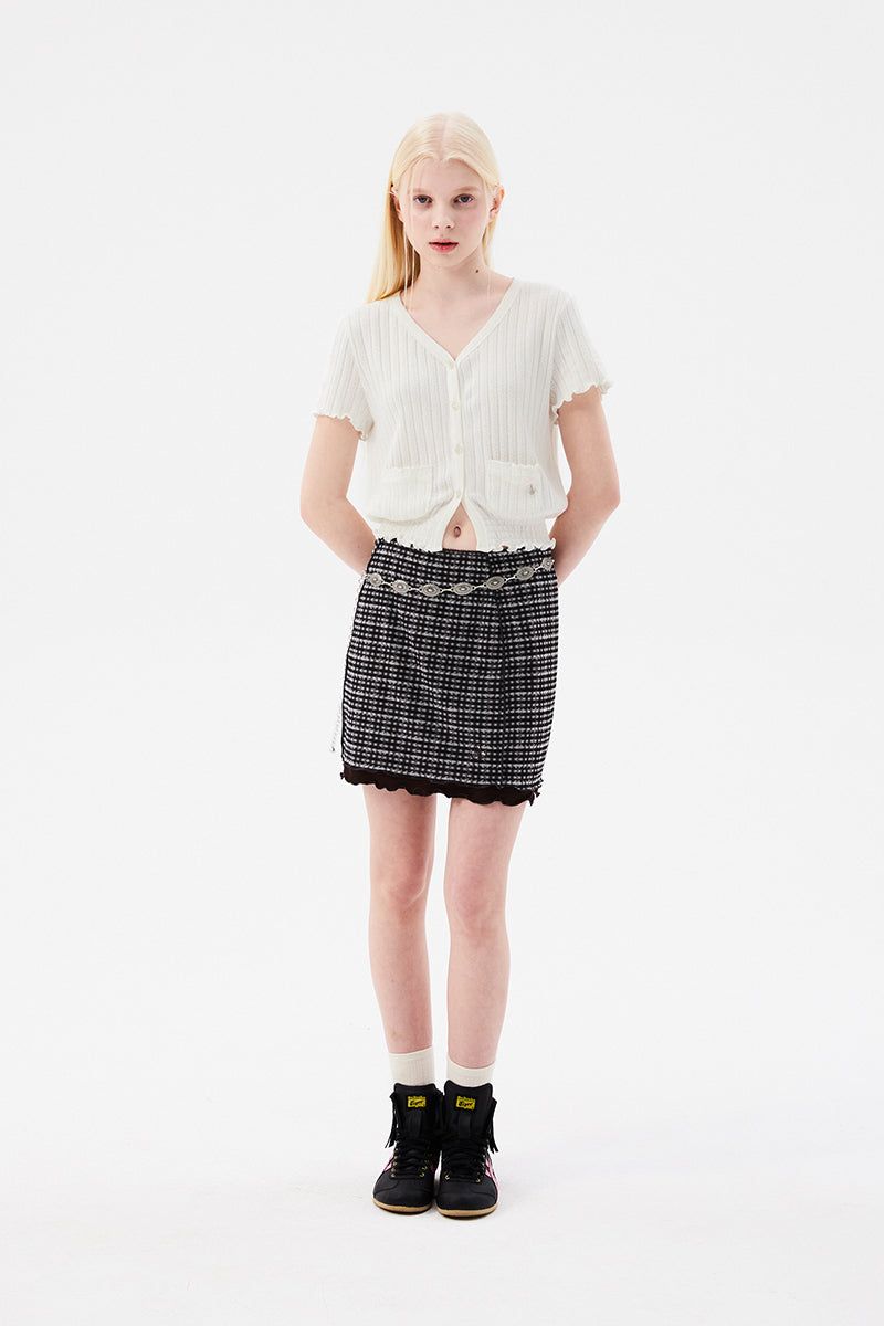 CHERRY PATTERN MESH MINI SKIRT [BROWN]